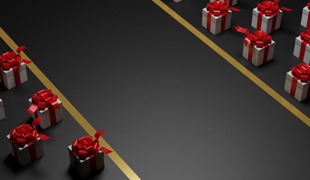 3D-rendering Geschenkdozen en lint achtergrond. Kerstmis en Gelukkig Nieuwjaarviering.