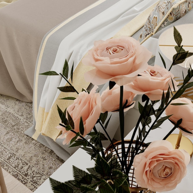 3D-rendering Gezellige hoek van de slaapkamer met een kaptafel en rozen in een vaas