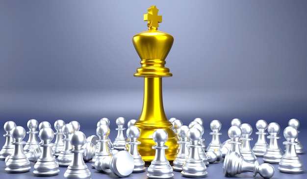Foto rendering 3d degli scacchi giganti del re d'oro tra diverse pedine, concetto di leadership