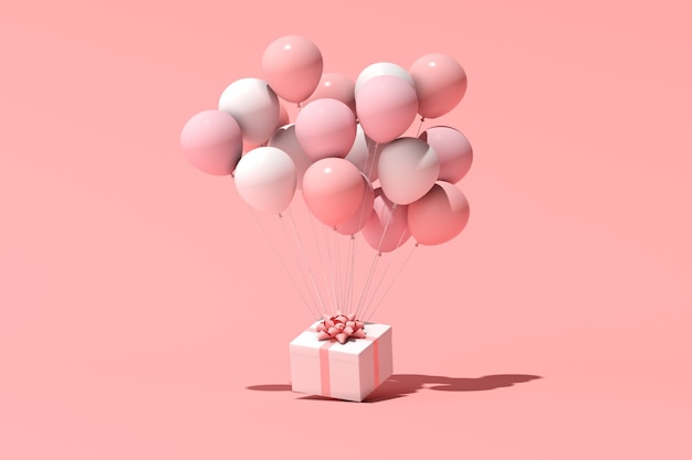 3D rendering of gift box and balloons. Minimal concept.