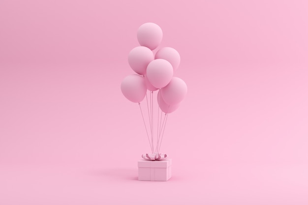 3D rendering of gift box and balloons on pink background.