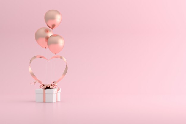 3D rendering of gift box and balloons with heart shape of ribbon.