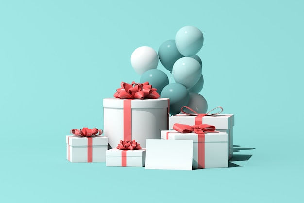 3D-рендеринг подарочной коробки с поздравительной открыткой и воздушными шарами.