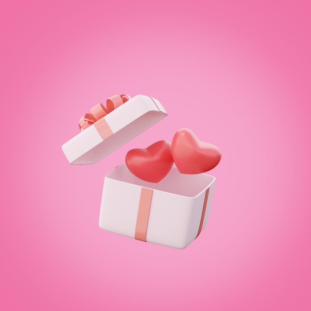 3d rendering of gift box with hearts on pink background. Minimal concept.