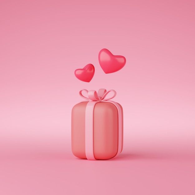 3d rendering of gift box with hearts on pink background. Minimal concept.