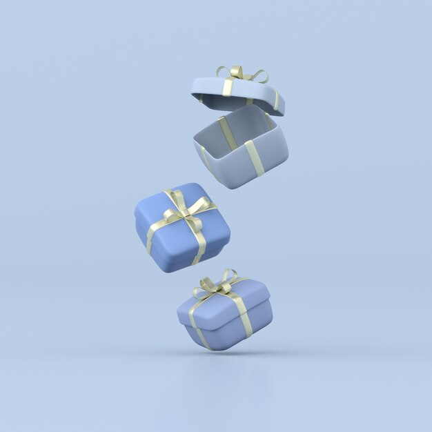 Rendering 3d di scatole regalo su sfondo blu.