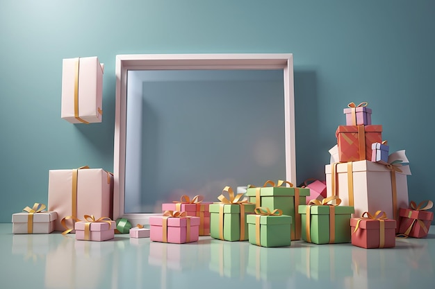 3d rendering of gift boxes and floating window minimal concept