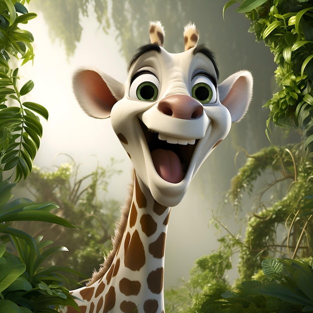 Photo 3d rendering of a giraffe cartoon character in the jungle