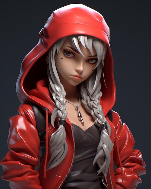 a 3d rendering of a girl in a red hoodie