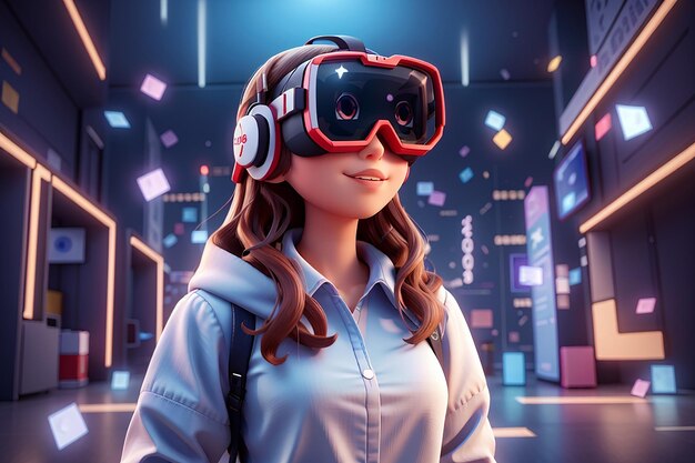 Photo 3d rendering of girl with visual reality glasses using digital platform concept of vr metaverse technology 3d render illustration cartoon style