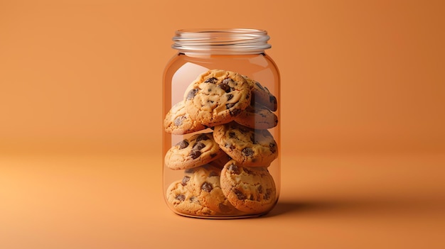 3D rendering of a glass jar filled with chocolate chip cookies on a solid orange background