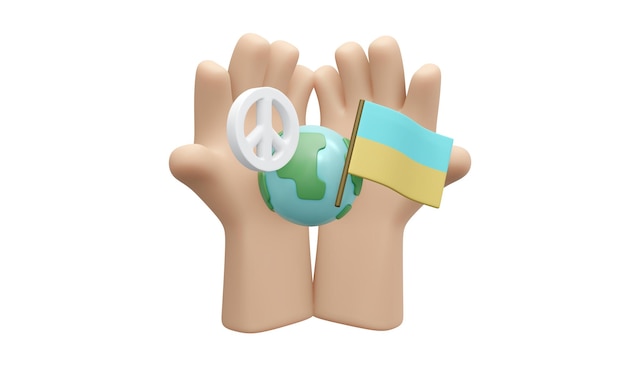 3D Rendering of globe peace sign and Ukraine flag on white background concept of no war stop fighting 3D Render illustration cartoon style