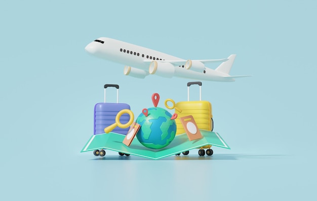 3D rendering globe pin map and suitcase with flight plane travel tourism plane trip planning world tour luggage leisure touring holiday summer concept minimal cartoon illustration