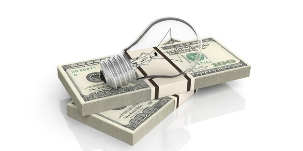 3D-rendering gloeilamp op stapel van 100 dollar biljetten