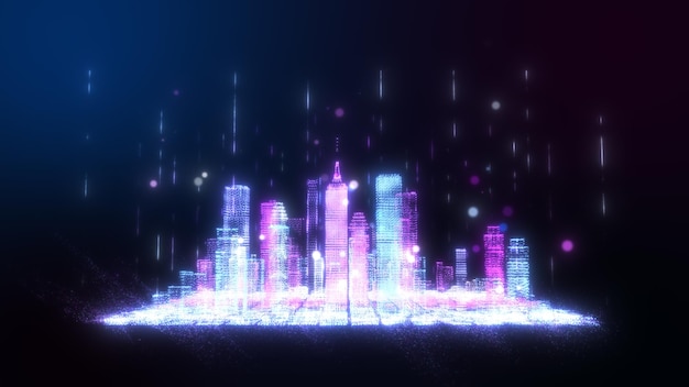 3D-рендеринг светящегося цифрового планшета и городской каркас в ярких красочных частицах. Линия сферических частиц поднимается вверх. Цифровые технологии и коммуникационная концепция