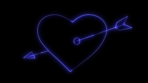 Photo 3d rendering glow effects of the contour of a heart pierced by an arrow of cupid