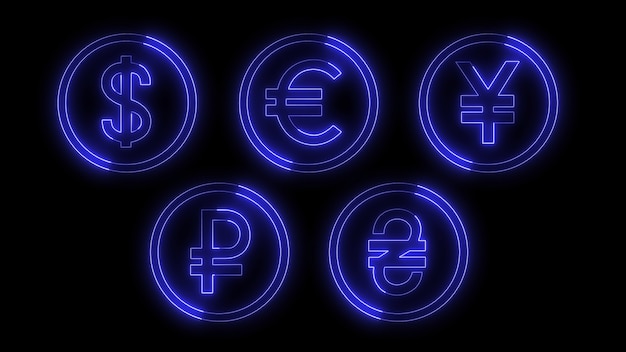 3D rendering glow effects of contours of currencies on a black background