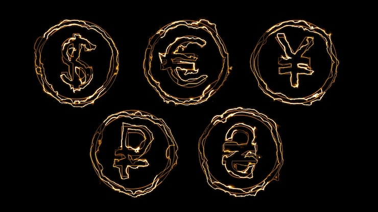 Photo 3d rendering glow effects of contours of currencies on a black background