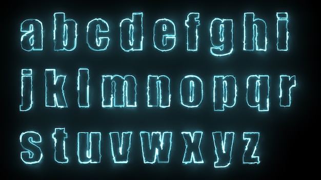 3D rendering glow effects of the contours of the lowercase letters of the English alphabet