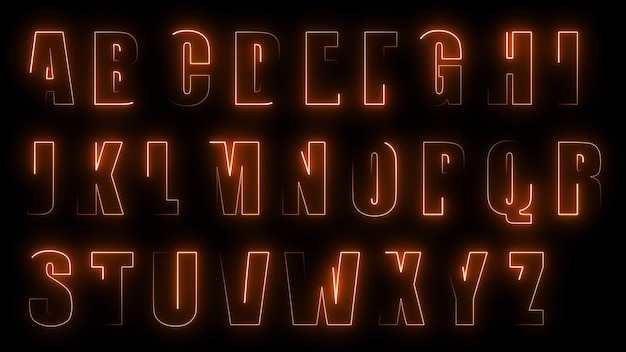 3D rendering glow effects of the contours of the uppercase letters of the English alphabet