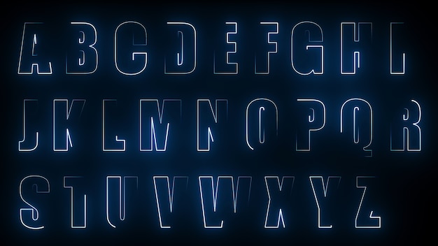 3D rendering glow effects of the contours of the uppercase letters of the English alphabet