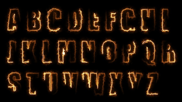 3D rendering glow effects of the contours of the uppercase letters of the English alphabet