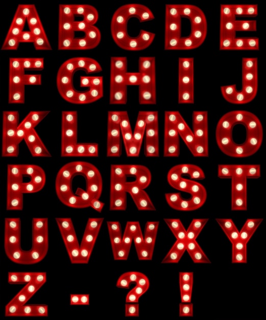 3D rendering of a glowing alphabet ideal for show business signs