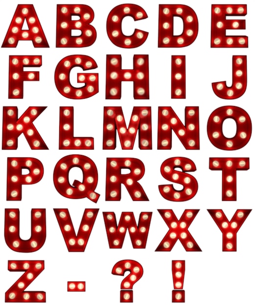Foto rendering 3d di un alfabeto luminoso ideale per i segni dello spettacolo