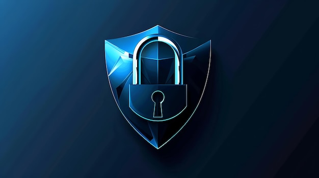 3D rendering of a glowing blue and black shield with a keyhole The background is dark blue