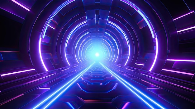 3D rendering of a glowing blue and purple neon tunnel The tunnel is made up of a series of concentric circles each one smaller than the last