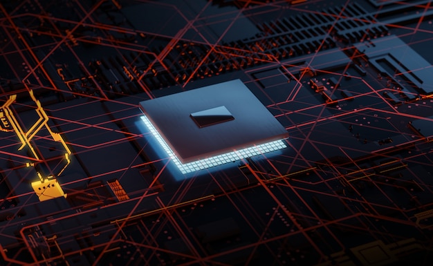 3D-rendering Glowing Chipset CPU op printplaat. elektronisch en technologieconcept.