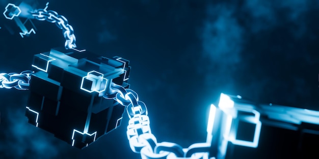 3D-рендеринг светящегося куба с цепью на темном фоне Иллюстрация технологии блокчейн концепции