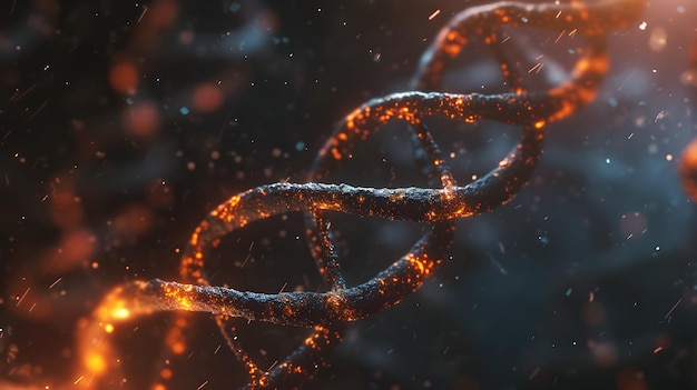 Foto rendering 3d di un dna incandescente concetto di struttura dei genomi molecolari della biochimica