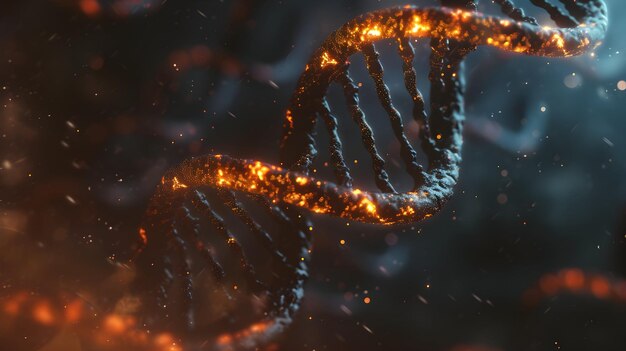 Foto rendering 3d di un dna incandescente concetto di struttura dei genomi molecolari della biochimica