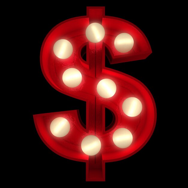 3D rendering of a glowing dollar symbol ideal for show business signs