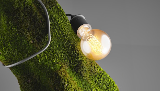 3D rendering of glowing light bulb hanging on tree