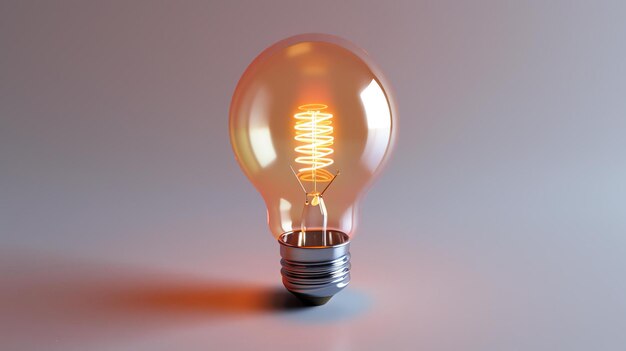 3D rendering of a glowing light bulb on a white background The bulb is made of glass and has a spiral filament