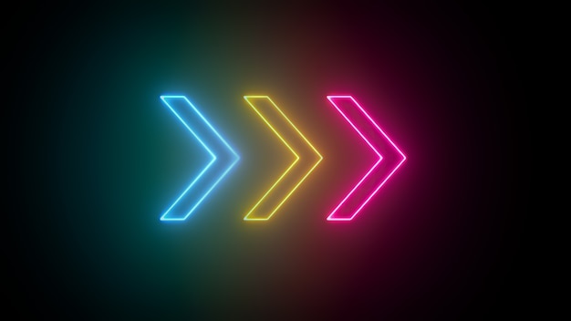 3D rendering of glowing neon arrows on a black background Flashing direction indicators