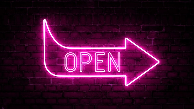 3d rendering of glowing neon arrows with the inscription open\
on a brick wall background