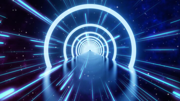 銀河系の星の背景に輝くネオンリングを3DレンダリングするCyberFuturistic High Speed