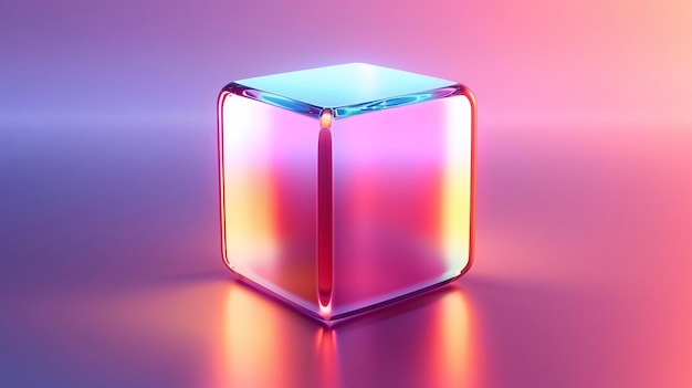 Photo 3d rendering of a glowing pink and blue cube on a reflective surface