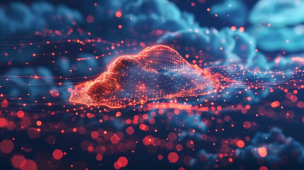 3D rendering glowing red cloud of data points on a dark blue background