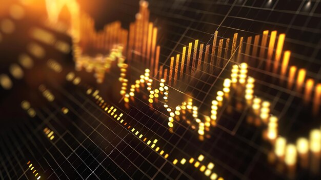 Photo 3d rendering of a glowing yellow and orange stock market graph on a black background