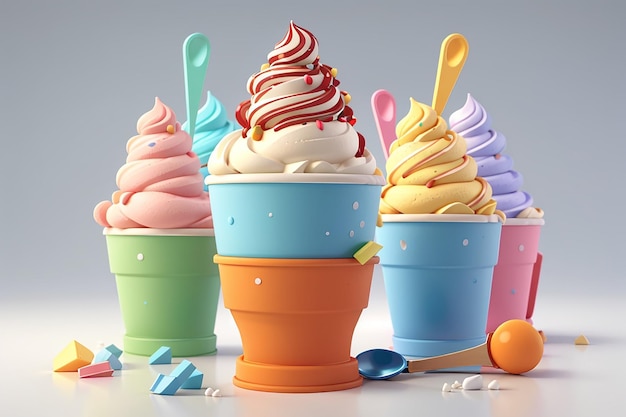 3d rendering to go cup of ice cream scoop many color isolated on white 3d render cartoon style