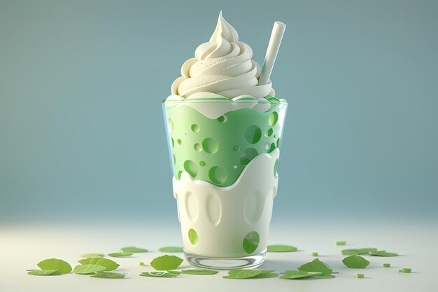 3d rendering to go cup of milk with green tea topping ice cream soft ice isolated on white 3d render cartoon style