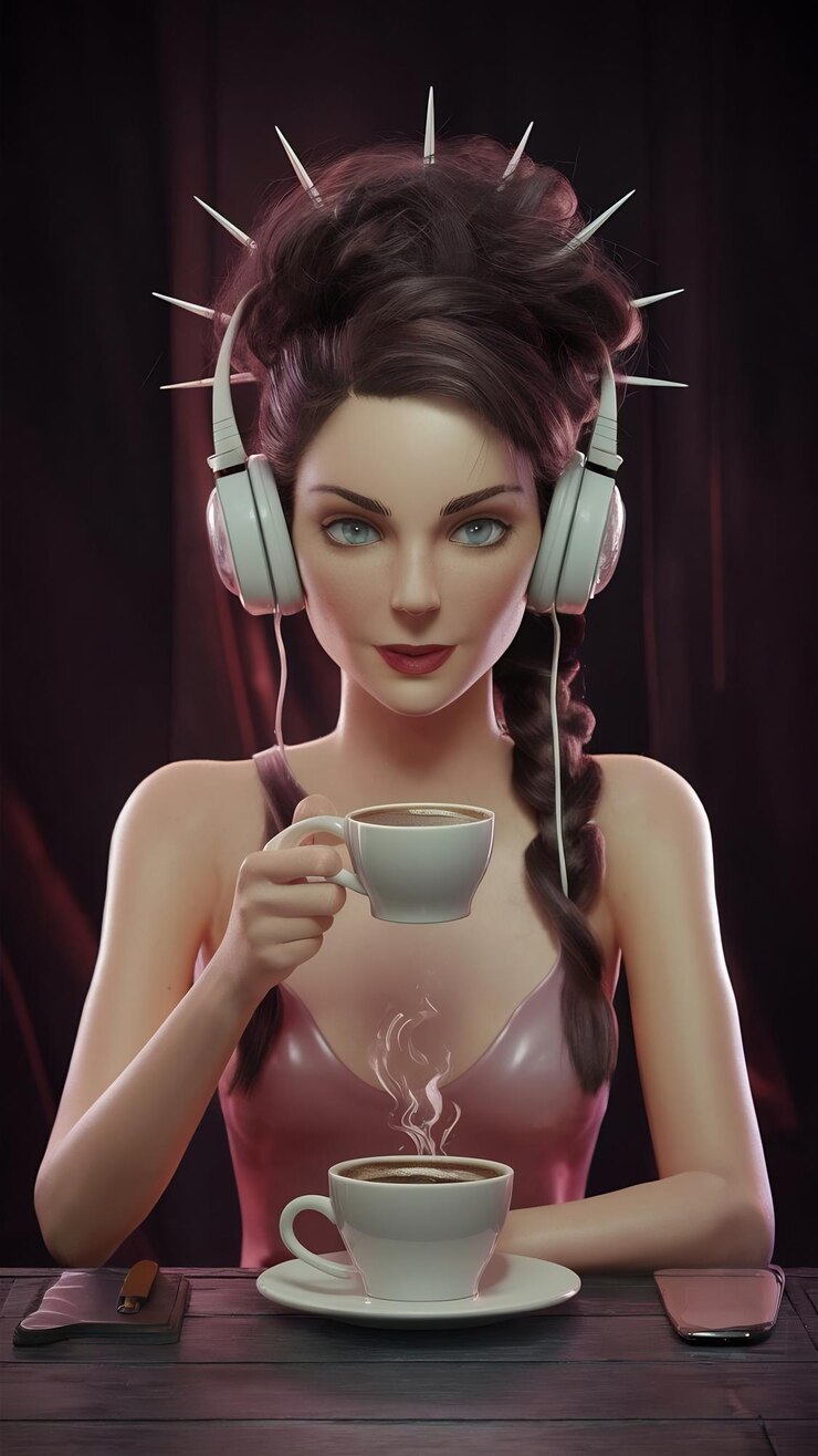 Photo 3d rendering goddess hypnos drinking coffee while listening to music