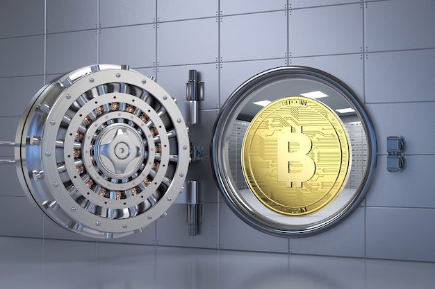 3d rendering gold bitcoin in bank vault