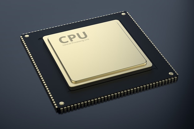 3d рендеринг золотой чип процессора на черном фоне