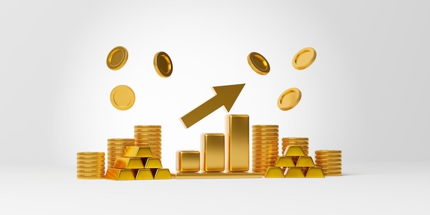 3d rendering gold ingots coins and bar chart with up trend arrow on light gray background