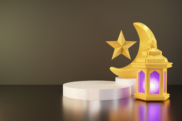 3D Rendering of Gold Lantern and crescent Moon on the white Podium Stage for Ramadan Banner Background